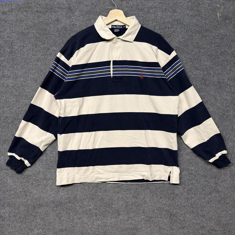 Vintage Nautica Polo Rugby Shirt Mens L Striped Long Sleeve Sailboat Logo Y2K